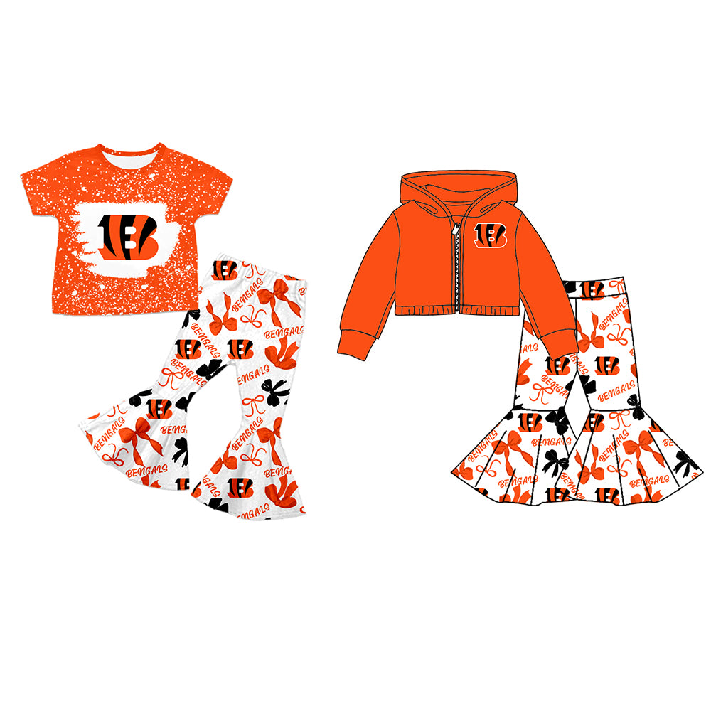 Custom moq 5 mix size milk silk summer teams baby girls clothes bow orange short sleeve pants sets and hooded long sleeve pants sets-25.7.21