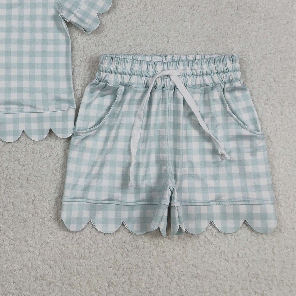 RTS NO MOQ GSSO3184 Baby Girls Blue Checked Top with Scallop Pockets Short Sleeve Outfit
