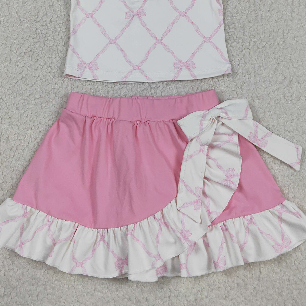 RTS NO MOQ GSD3479 Baby Girls Pink Checked Button Top Ruffle Skirt And Shorts Set with Bows Yoga Clothes for Kids