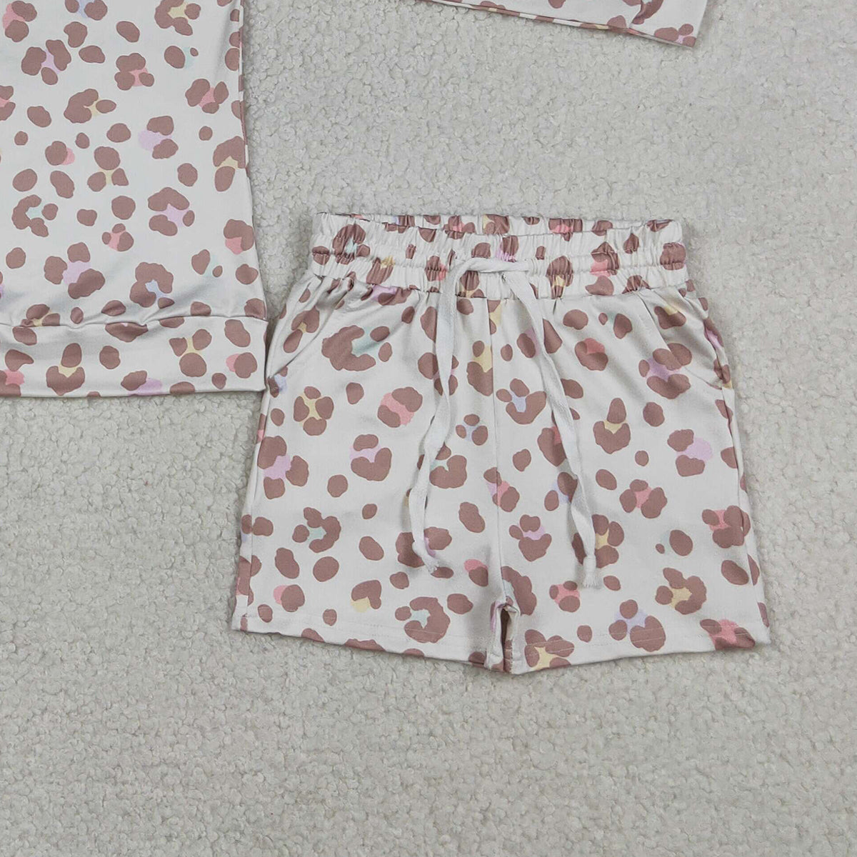 RTS NO MOQ GLS0093 Baby Girls Pink Leopard Print Long Sleeve Top with Pockets And Shorts Outfit Set
