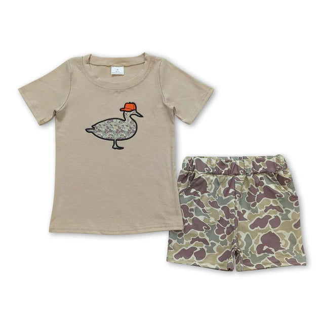 RTS NO MOQ Sibling Baby Boys Khaki Camo Duck Shirt Top Shorts Clothes Sets
