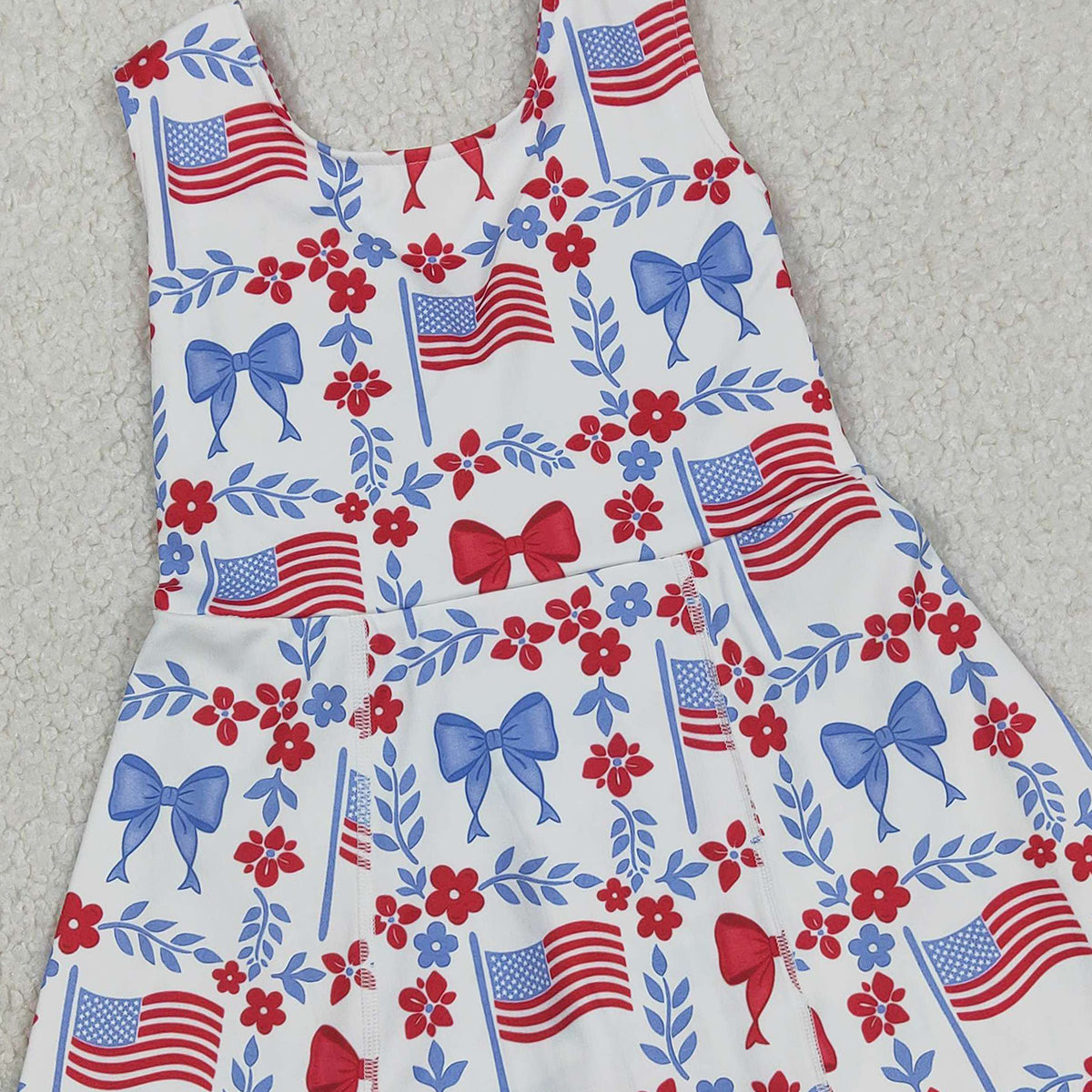 RTS NO MOQ GSD3500  Baby Girls 4th of July Yoga Active Shorts Knee Length Dress with Flower Flags Pattern
