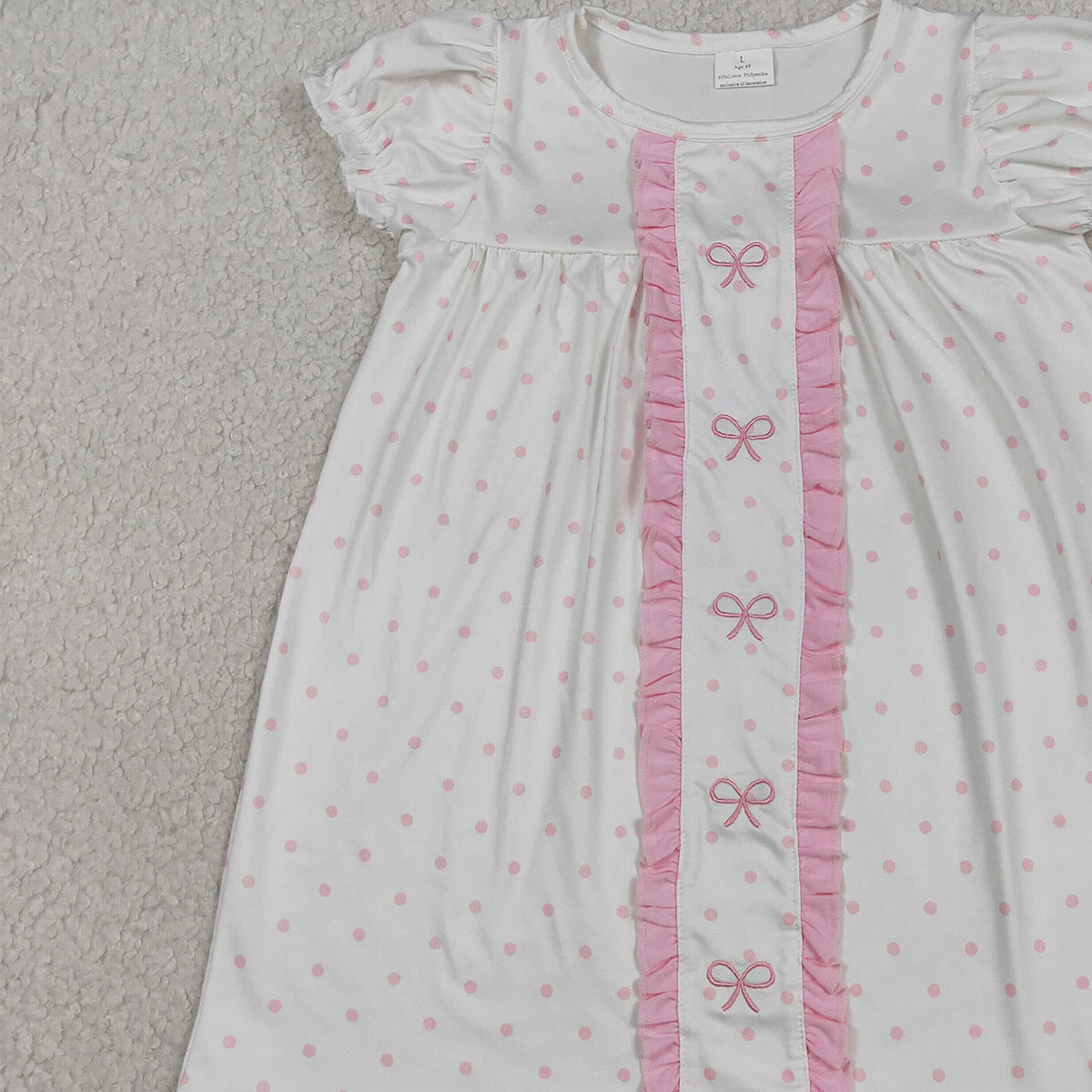 RTS NO MOQ GSD3312 Toddler Girls Sweet Embroidery Bows Pink Polka Dot Knee Length Dresses