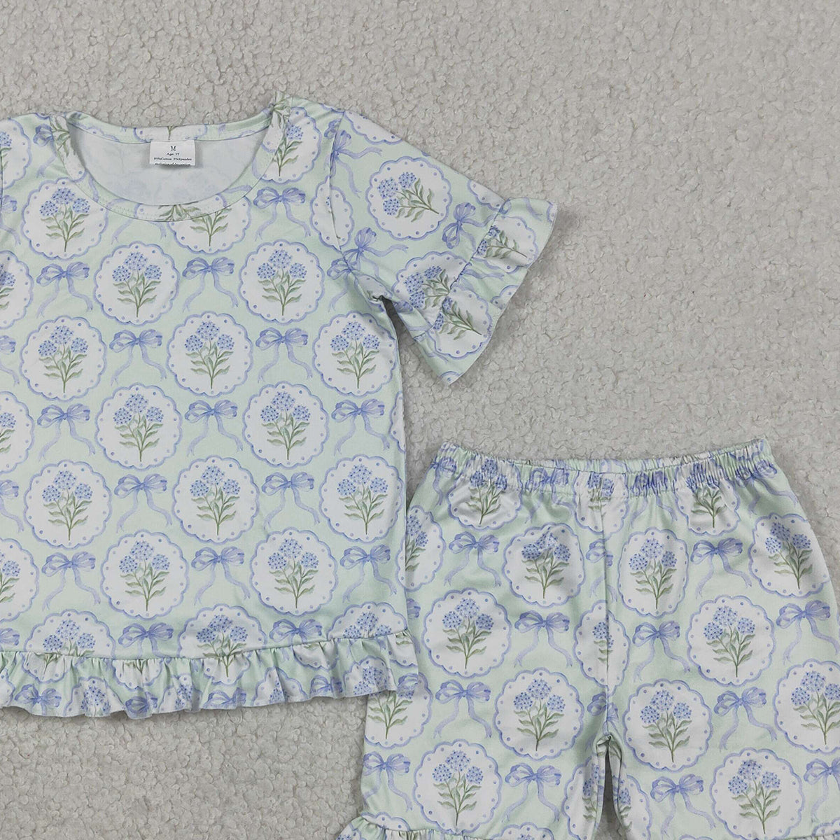 RTS NO MOQ GSSO3323 Baby Girls Cute Blue Bows Floral Top Ruffle Shorts Sleepwear Set