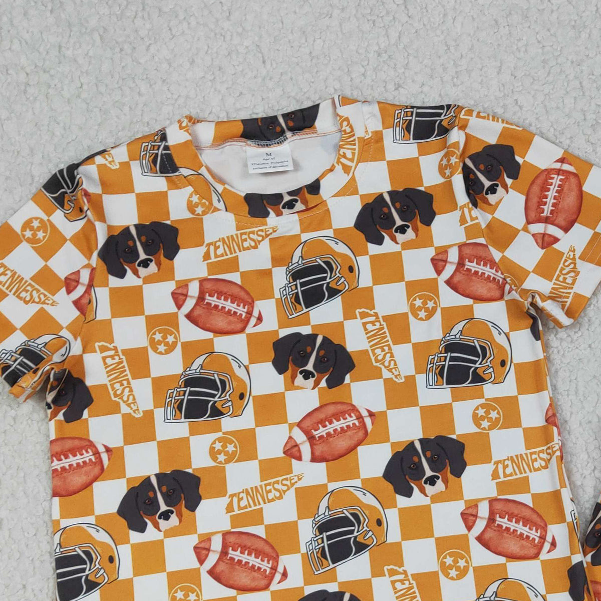 RTS NO MOQ GSSO3161 Baby Girls Orange Checked Football Top And Shorts Set Team Outfit