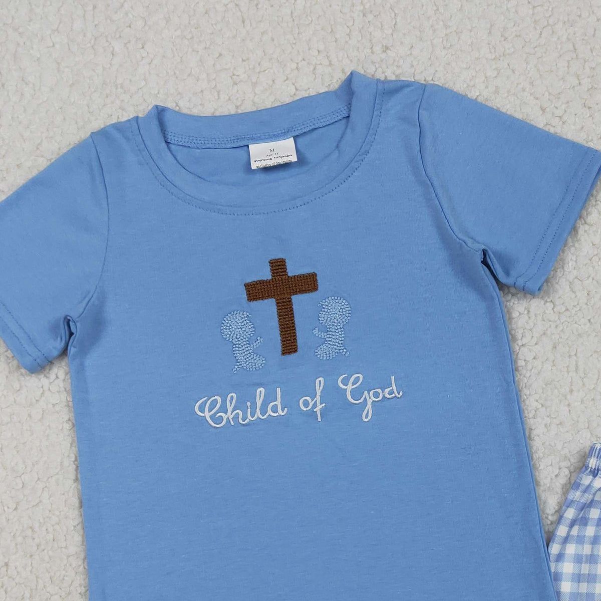 RTS NO MOQ BSSO1714 Embroidery Cross Child of God Baby Boys Outfit Set with Checked Shorts Top And Bottoms for Infants Boy's Clothing