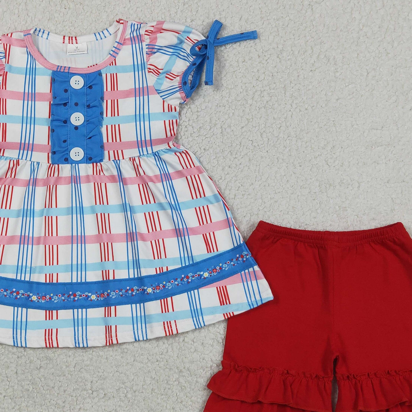RTS NO MOQ milk silk GSSO2815 Baby Girls July 4th Holiday Red Blue Checked Tunic Ruffle Shorts Set