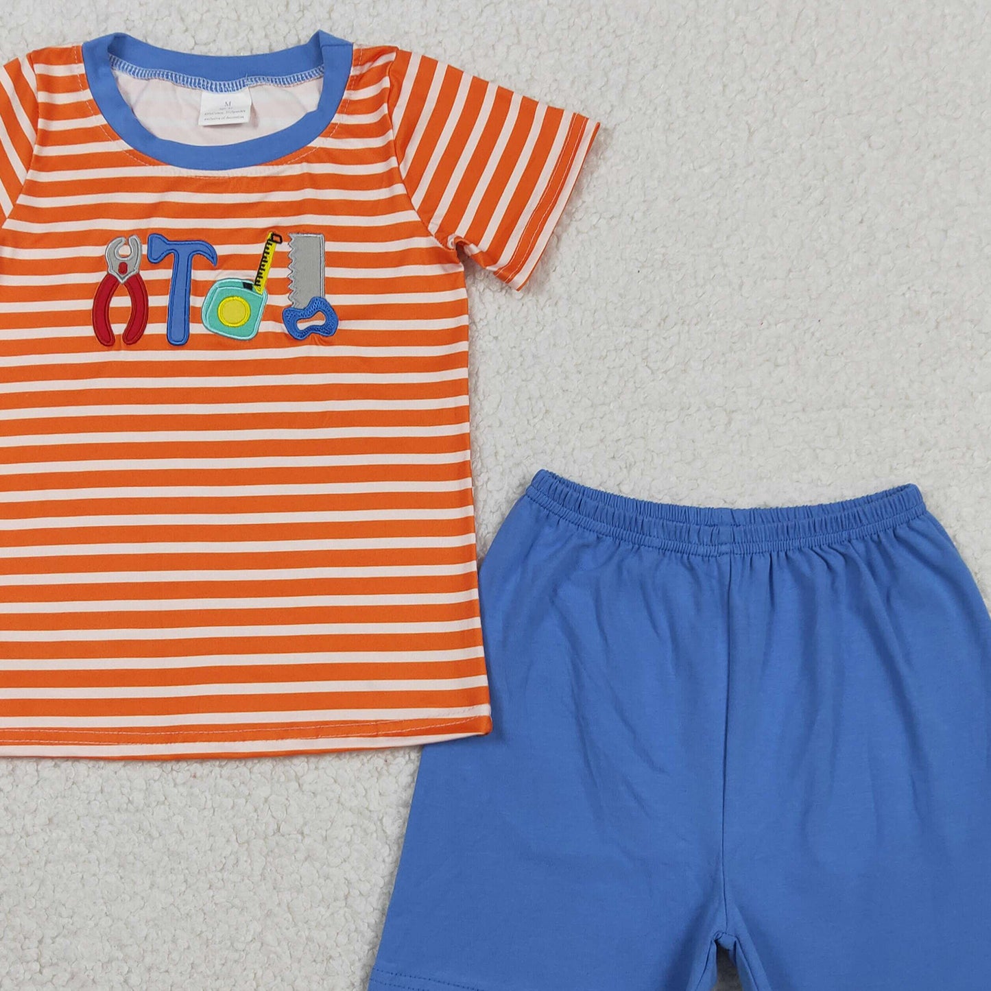 RTS NO MOQ BSSO1851  Kids Boys Tools Embroidery Orange Stripe Top Daily Shorts Sets
