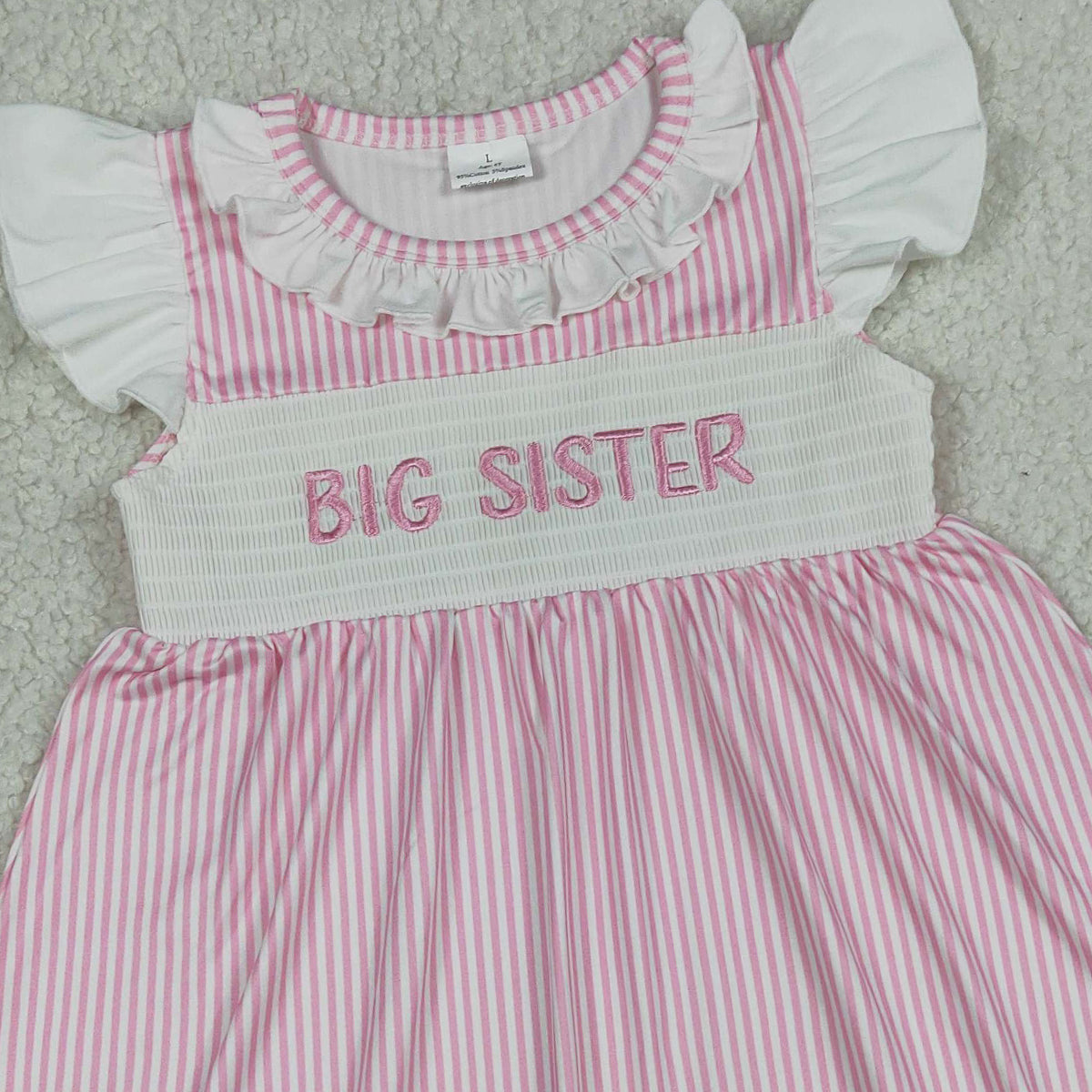 RTS NO MOQ GSD3153 Baby Girls Smocked Big Sister Flutter Sleeves Pink Stripe Knee-Length Dress Casual Wear for Girls（3-6M-7-8T）