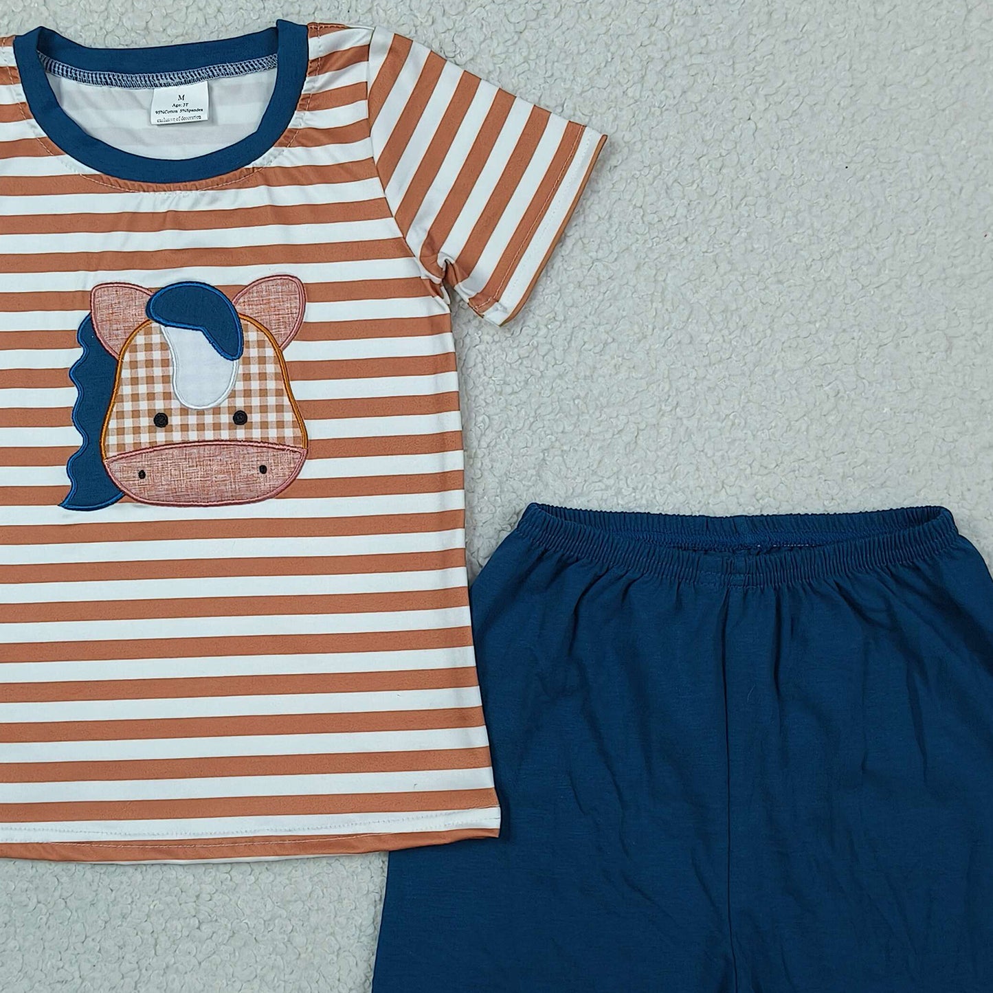 RTS NO MOQ BSSO0380 Baby Boys Stripe Top Embroidery Horse Pattern Shorts Western Casual Set