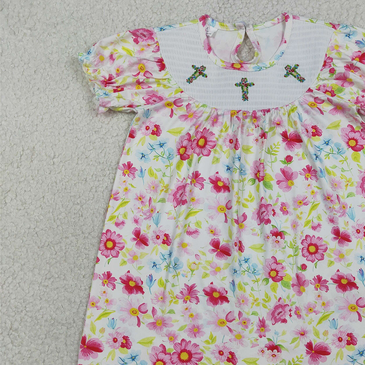 RTS NO MOQ GSD3314 Baby Girls Smocked Floral Crosses Knee Length Dresses Easter  Girls Dress