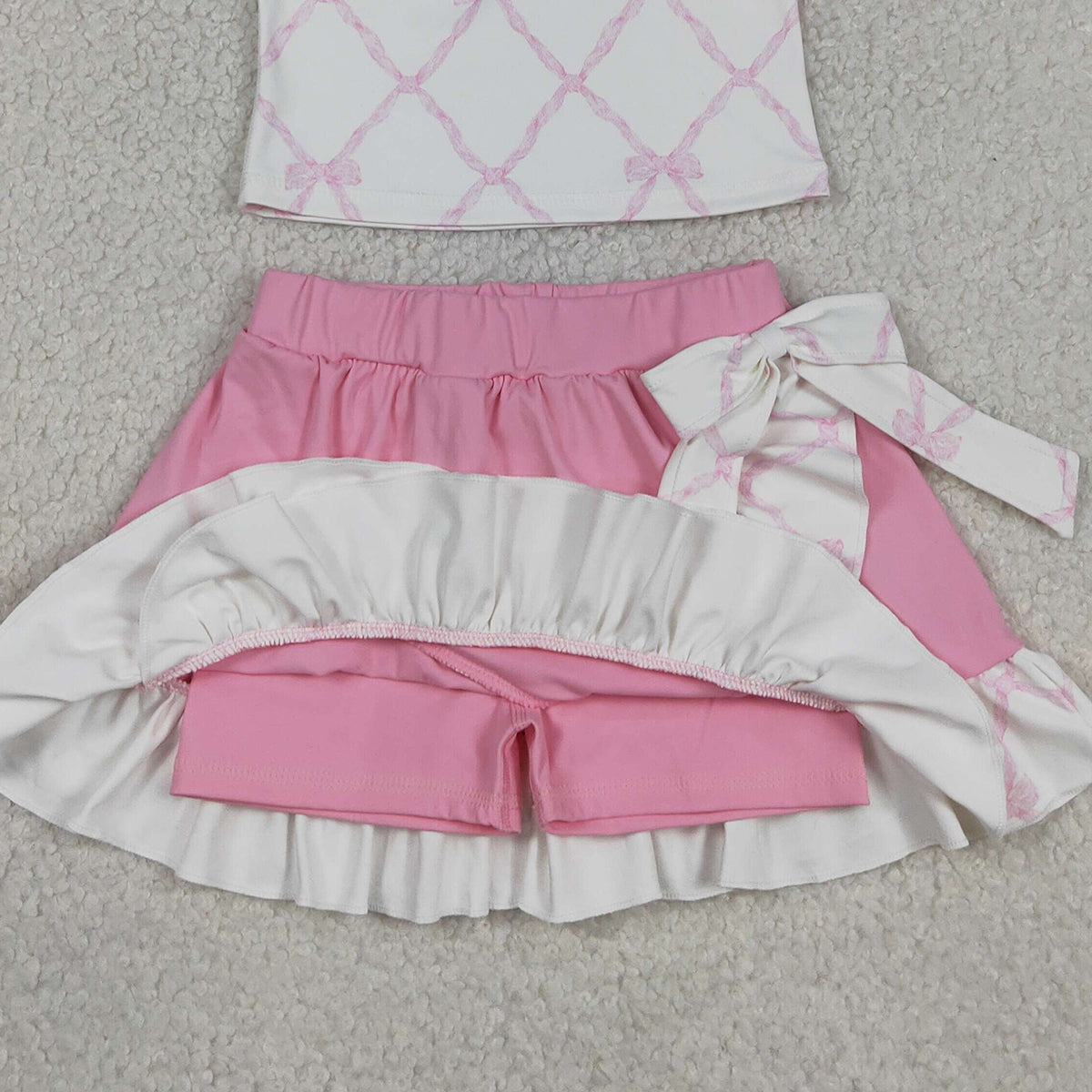 RTS NO MOQ GSD3479 Baby Girls Pink Checked Button Top Ruffle Skirt And Shorts Set with Bows Yoga Clothes for Kids