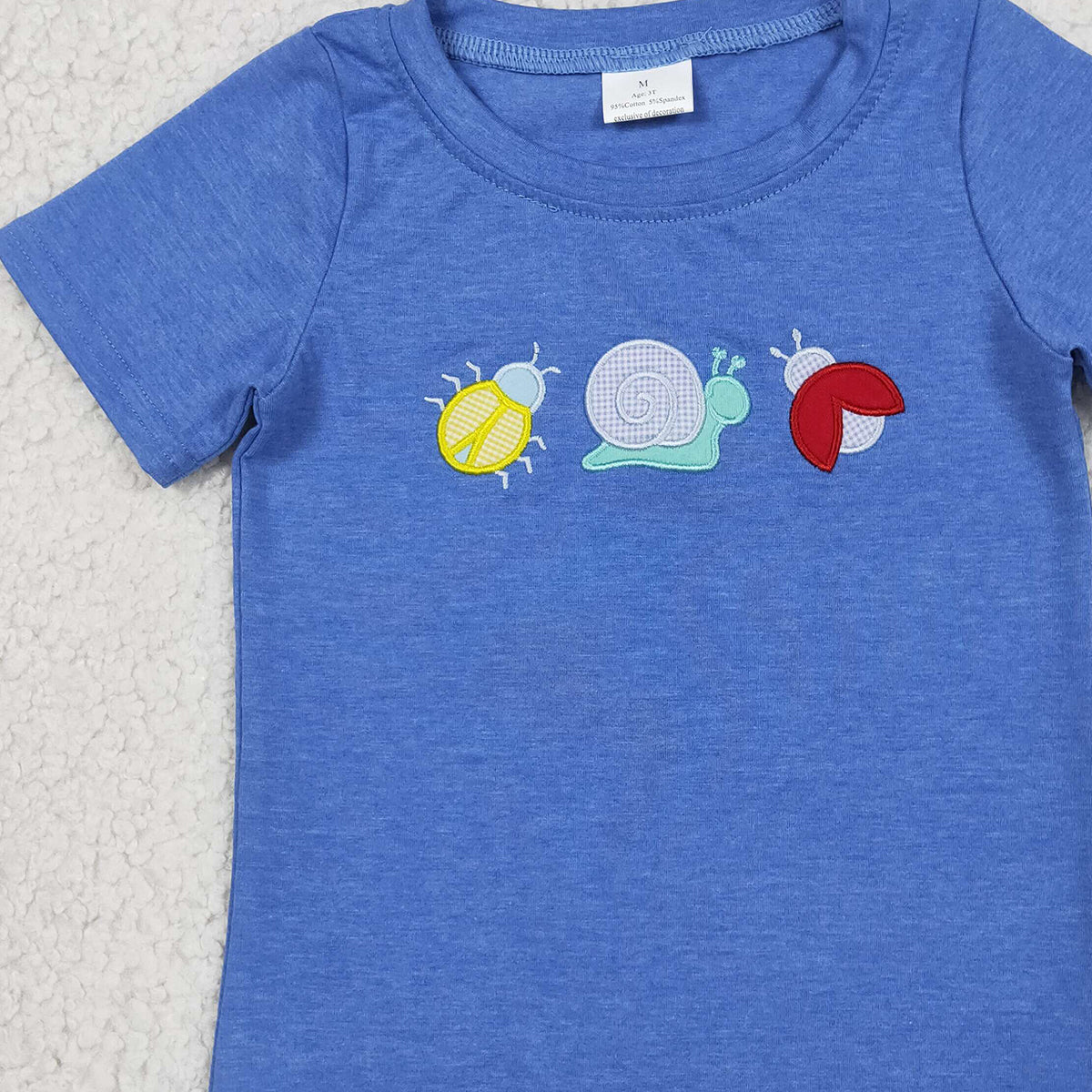 RTS NO MOQ BT1725 Baby Boys Blue Embroidery Ladybirds Snails Short Sleeve T-shirts Top