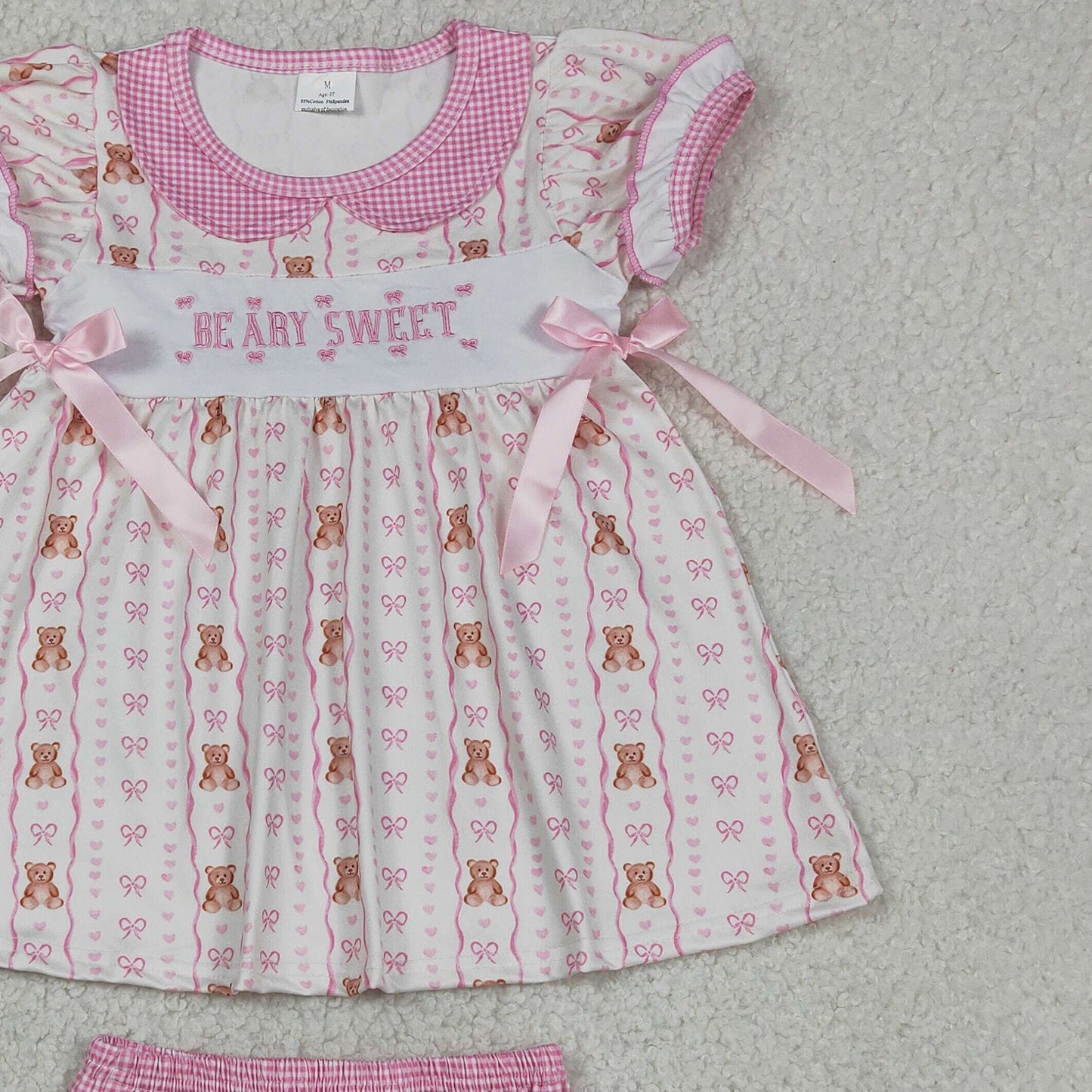 RTS NO MOQ milk silk GBO0520 Baby Girls Cute Embroidery Heart Bear Stripe Tunic Bummies Sets