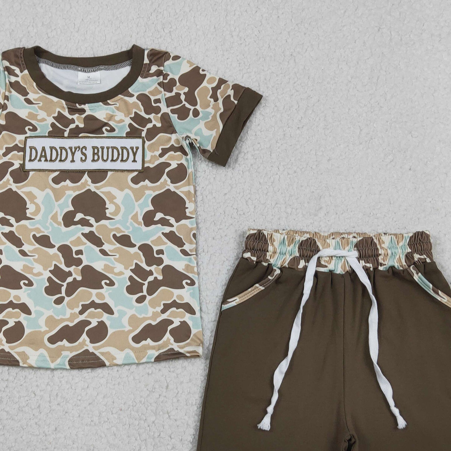 RTS NO MOQ milk silk BSSO1839 Baby Boys Embroidery Daddys Buddy Southern Camo Top Pocket Shorts Clothes Sets