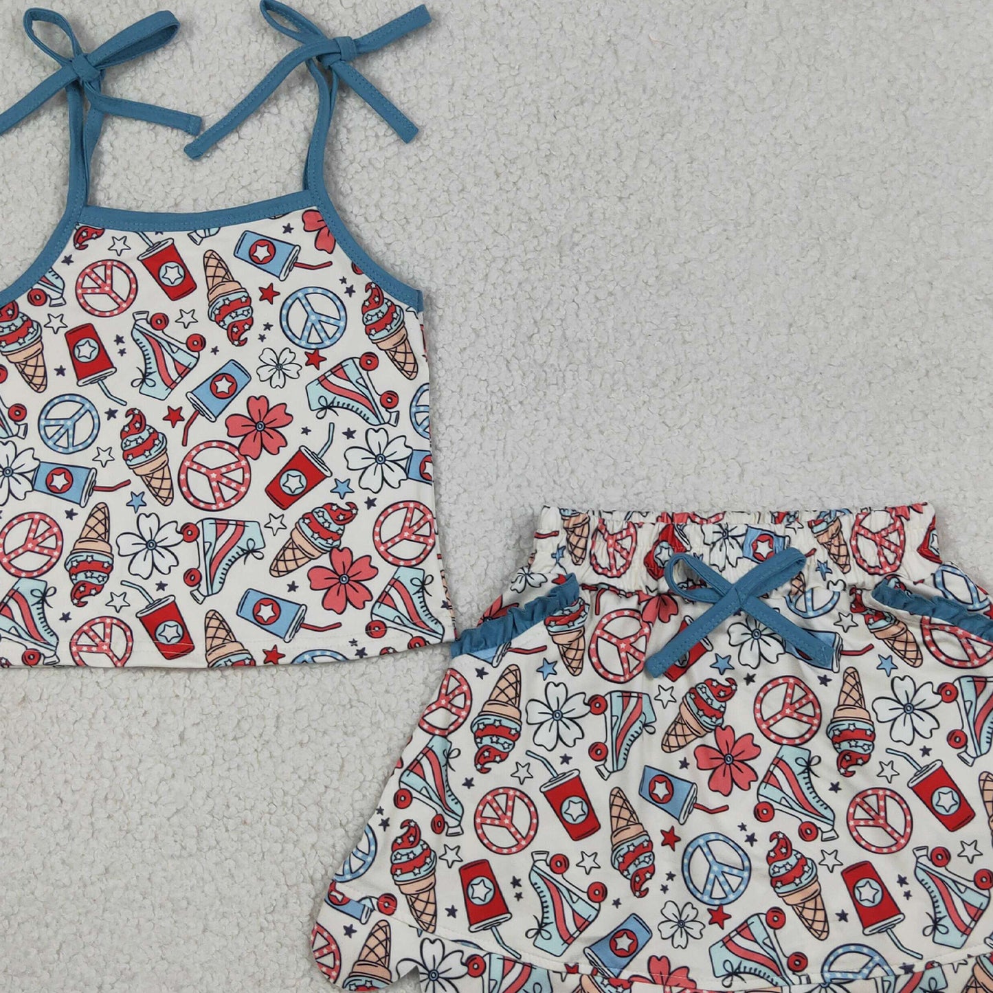 RTS NO MOQ milk silk GSD3827 Baby Girls Ice Cream Strap Top Scallop Pocket Skirt Shorts 4th of July Set