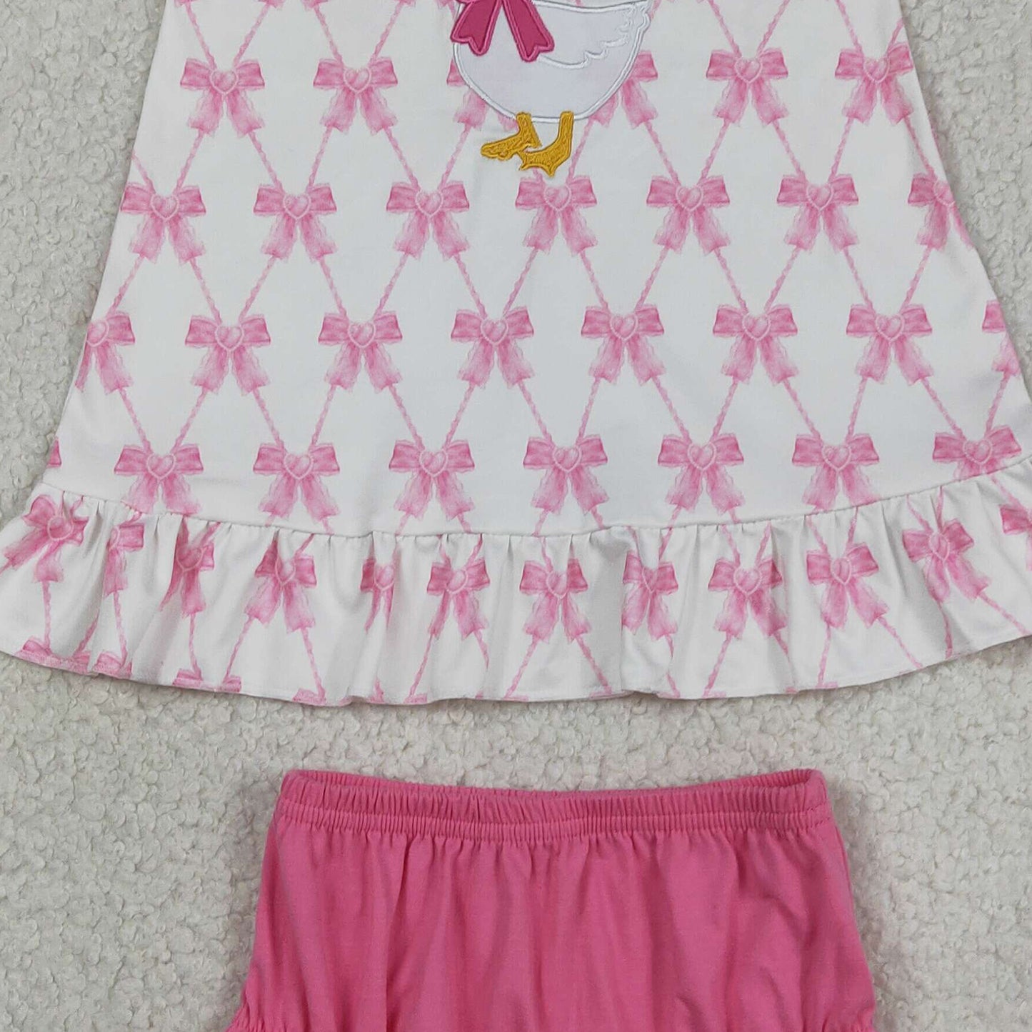 RTS NO MOQ GBO0505 Baby Girls Summer Embroidery Goose Pink Bow Plaid Tunic Bummies Clothes Set