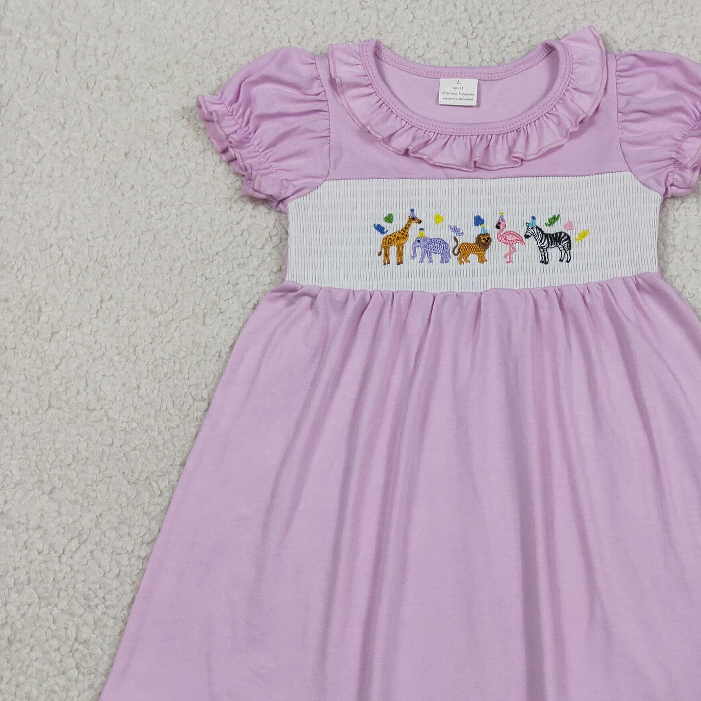 RTS NO MOQ milk silk GSD3578 Baby Girls Smocked Animals Pink Ruffle Sleeve Knee Length Dresses （12-18M-14-16T）