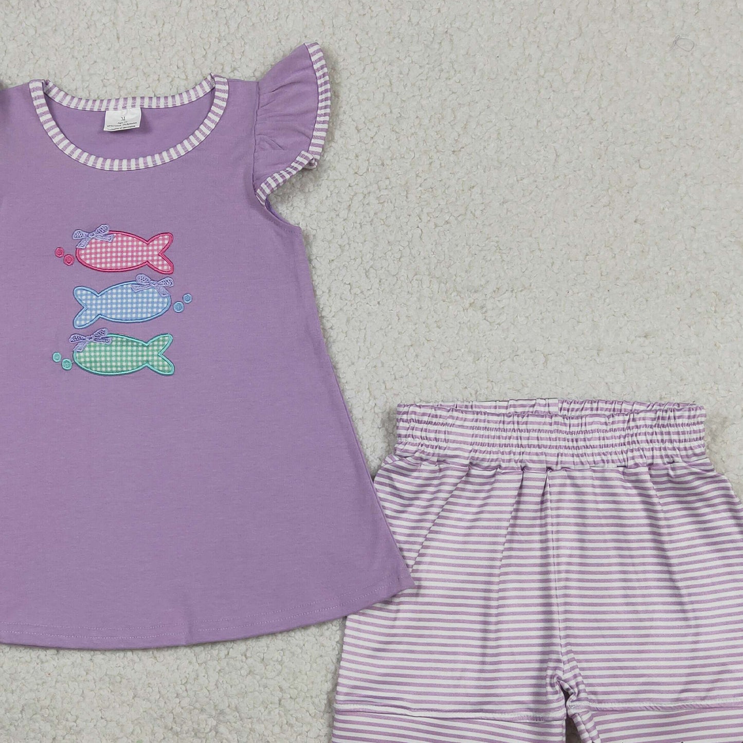 RTS NO MOQ milk silk GSSO3242 Baby Girls Embroidery Fish Scallop Stripe Tunic Shorts Hunting Set