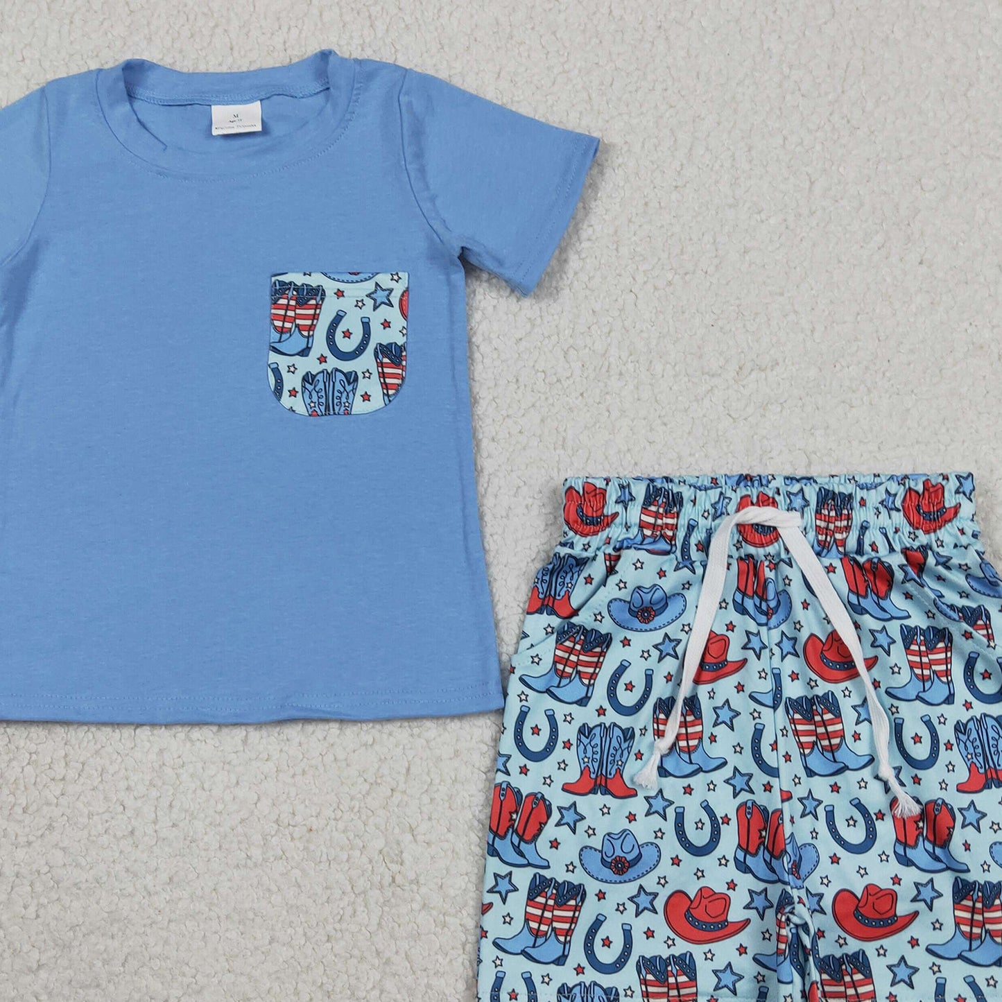 RTS NO MOQ BSSO1829 milk silk Baby Boys Pocket Shirts Stars Hats Boots Short Western Sets