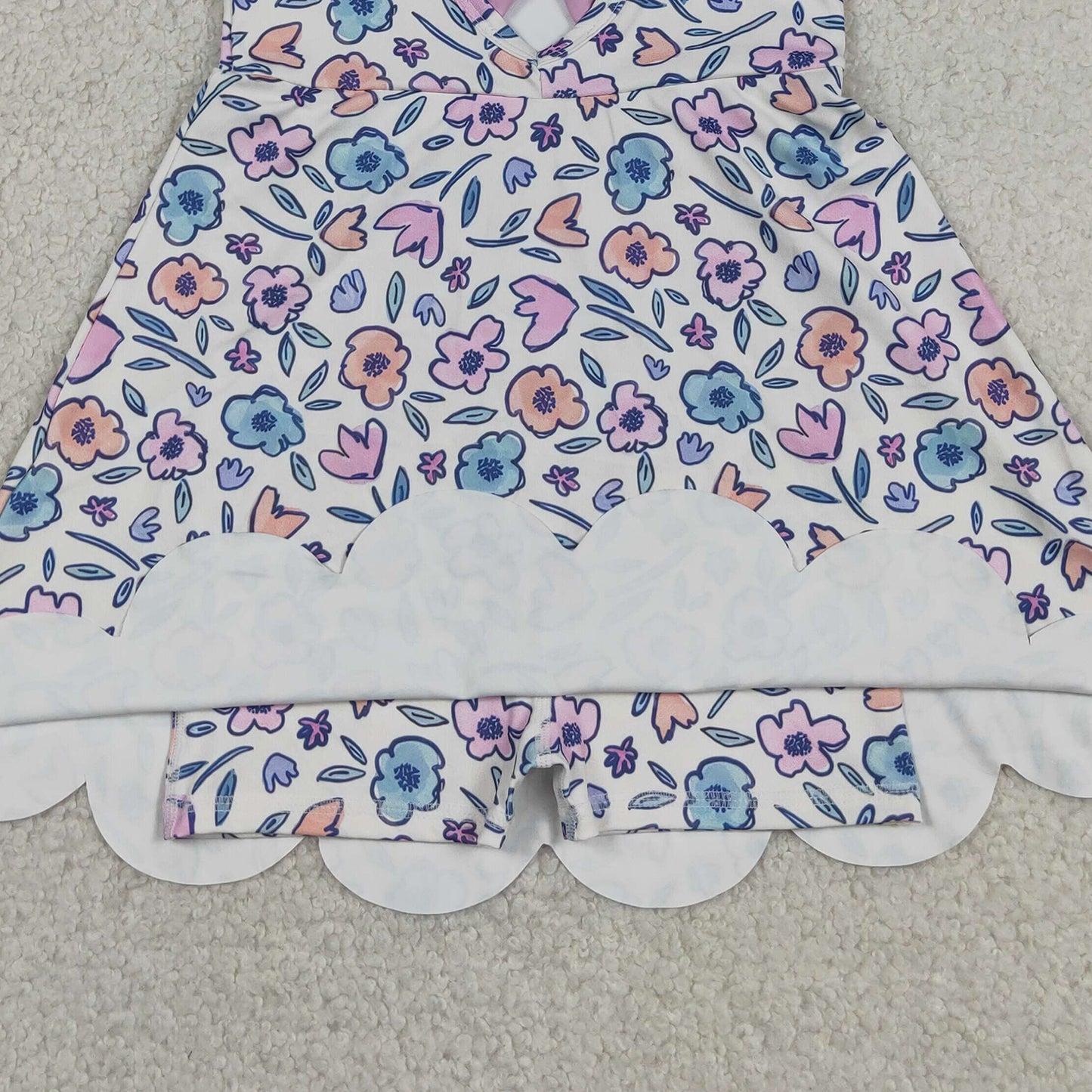 RTS NO MOQ yoga fabric GSD3808 Baby Girls Colorful Flowers Back Bows Active Short Scallop Knee Length Dress