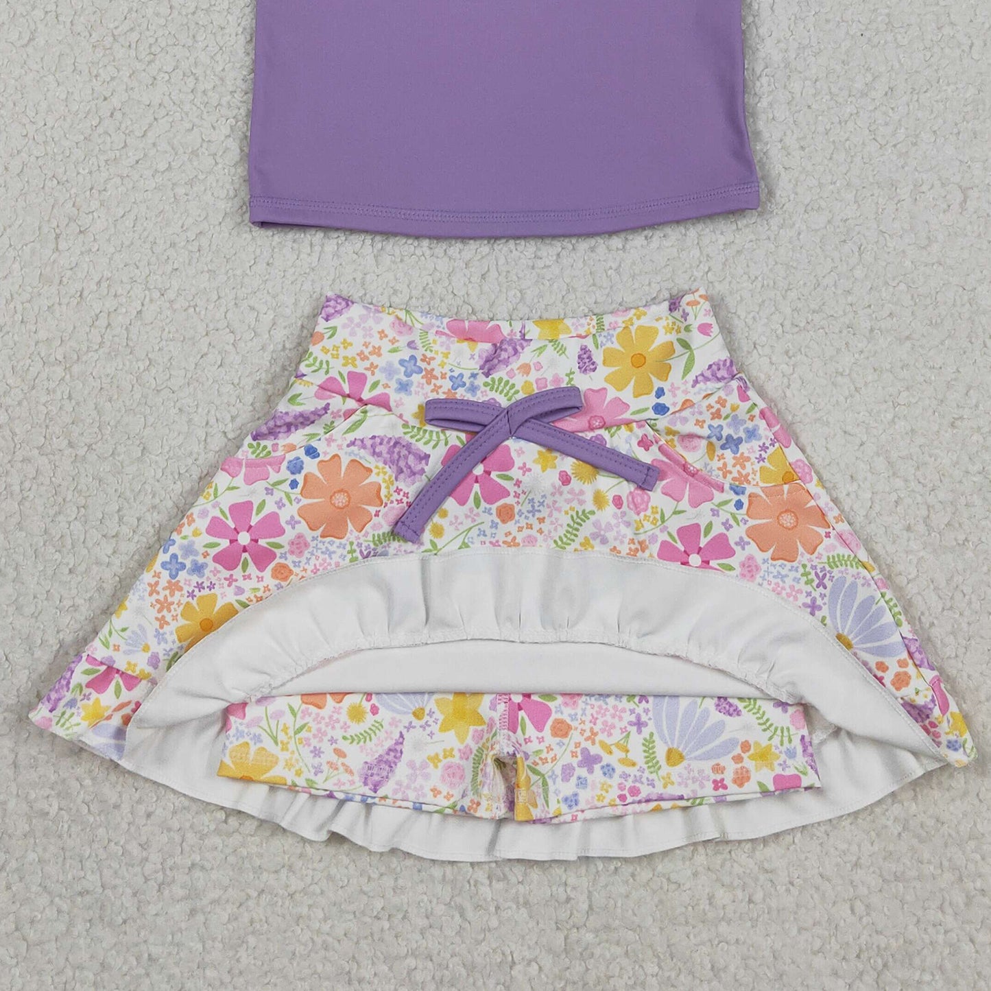 RTS NO MOQ GSD3771 Little Girls Purple Sleeveless Vest Floral Pocket Yoga Set