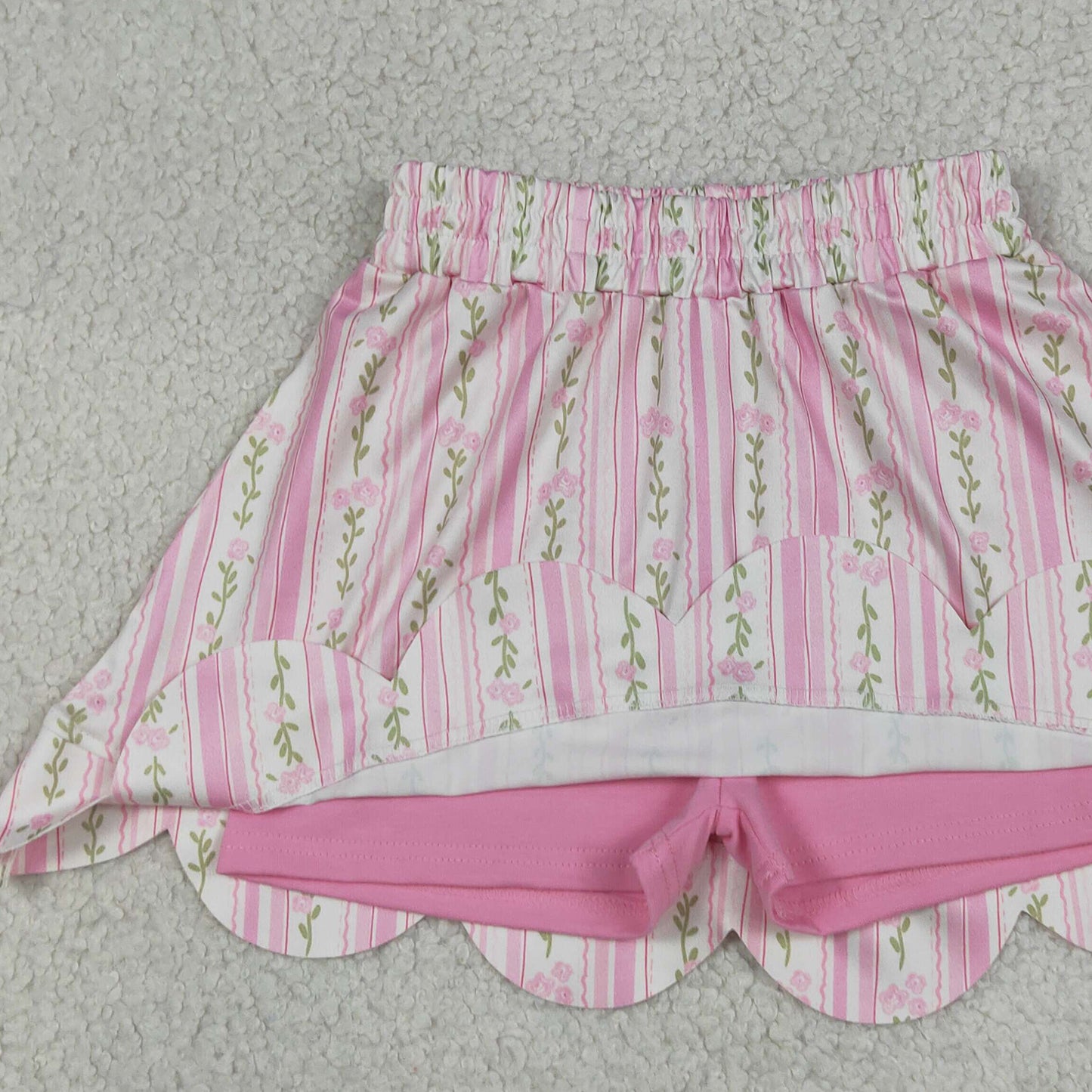 RTS NO MOQ milk silk GLK0238 Baby Girls Pink Bow Floral Stripe Scallop Skort