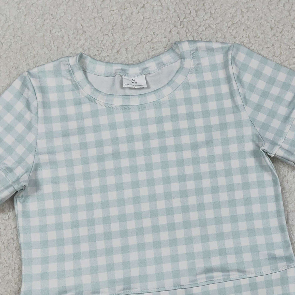 RTS NO MOQ GSSO3184 Baby Girls Blue Checked Top with Scallop Pockets Short Sleeve Outfit
