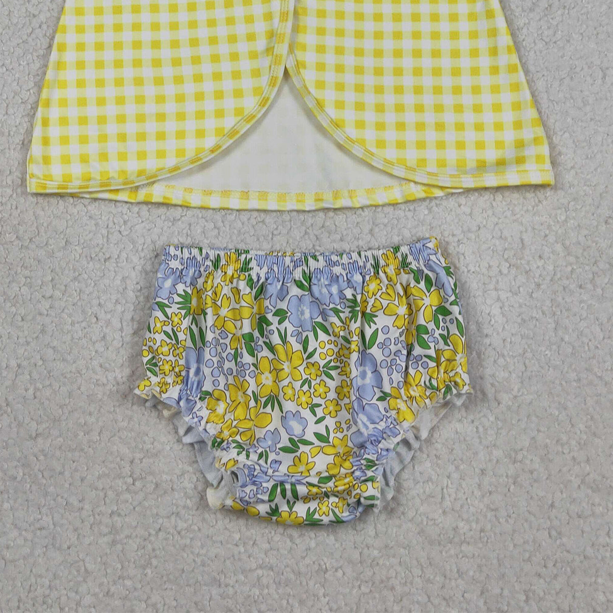 RTS NO MOQ GBO0504 Baby Girls Yellow Checked Flowers Tunic with Back Bow And Bummies Outfit Set