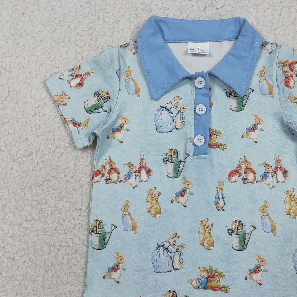 RTS NO MOQ BT1665 Baby Boys Easter Themed Short Sleeve Polo Shirts Top with Button Detailing Rabbit Print Casual Outfit for Kids