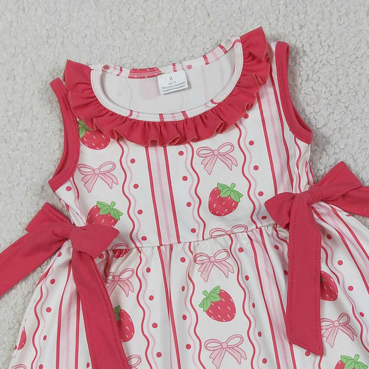 RTS NO MOQ GSSO3276 Baby Girls Strawberry Bows Tunic Ruffle Shorts Outfit Set Striped Print