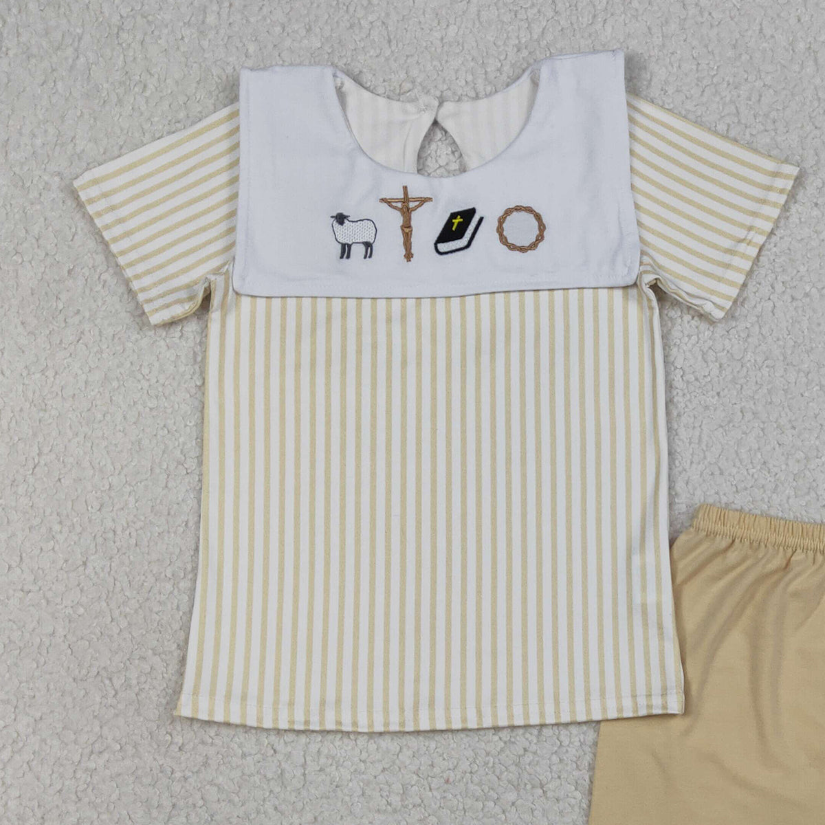 RTS NO MOQ BSSO1777 Embroidery Cross Baby Boys Top And Shorts Set Striped Baby Clothing Outfit Set for Boys