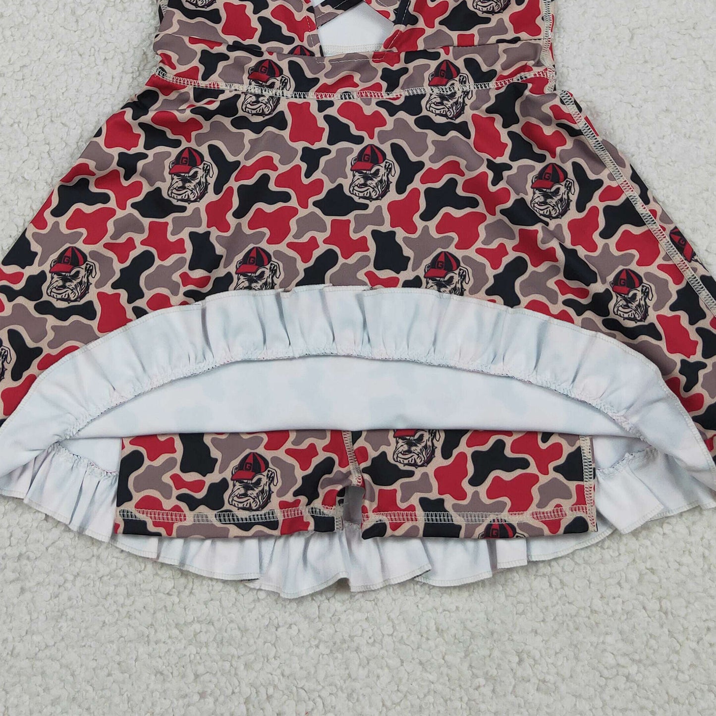 RTS NO MOQ yoga fabric GSD3593 Baby Girls Strap Camo Team Print Ruffle Knee Length Dress