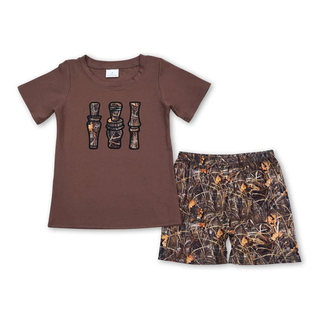 RTS NO MOQ Sibling Baby Boys Khaki Camo Duck Shirt Top Shorts Clothes Sets