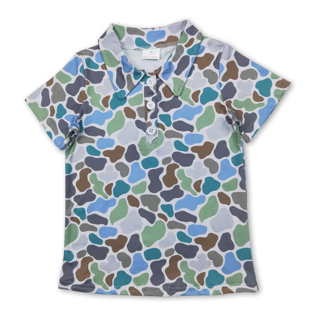 RTS NO MOQ Sibling Baby Boys Short Sleeve Southern Hunting Camo Button Polo Shirts Top