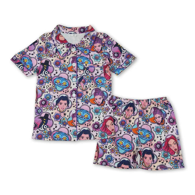 RTS NO MOQ Sibling Adult Women Demon Hunter Button Pocket Top Shorts Pajamas Set
