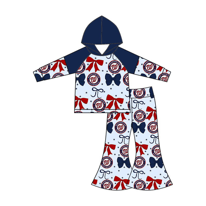 Custom moq 5 mix size milk silk summer teams baby girls clothes team bow blue long sleeve hooded pants sets and dress 1 and dress 2 and top-25.6.17