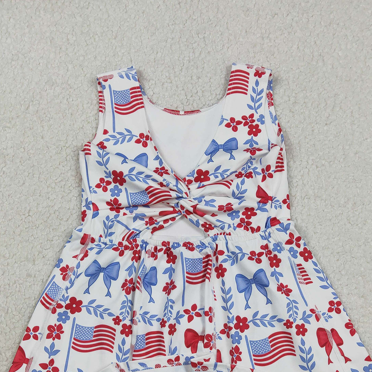 RTS NO MOQ GSD3500  Baby Girls 4th of July Yoga Active Shorts Knee Length Dress with Flower Flags Pattern
