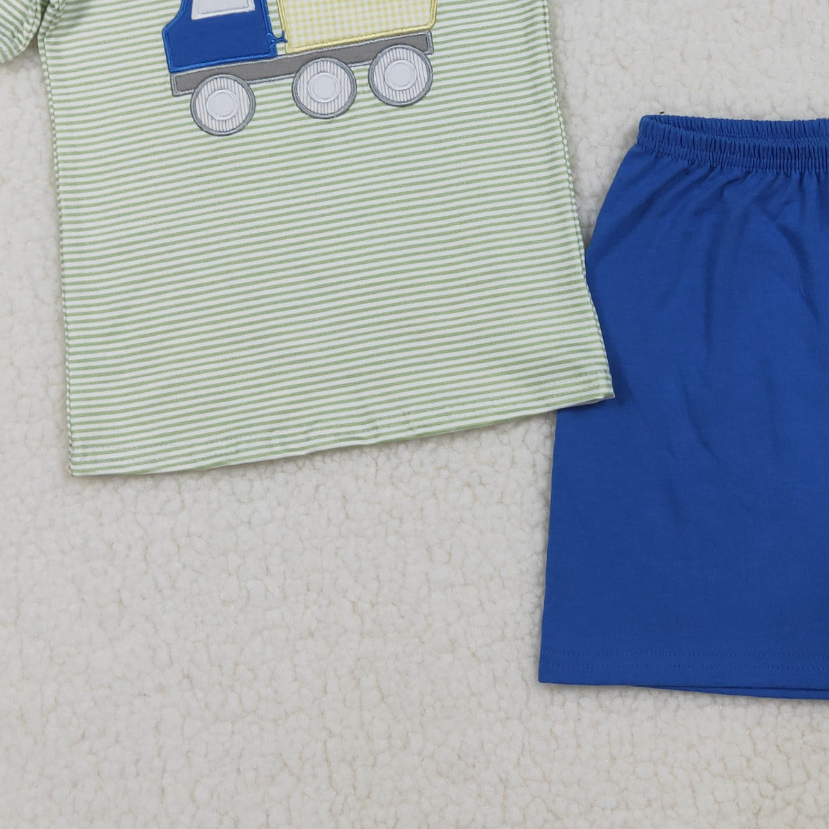 RTS NO MOQ BSSO1833 Baby Boys Embroidery Tractors Short Sleeve Stripe Top with Shorts Cute Clothes Set