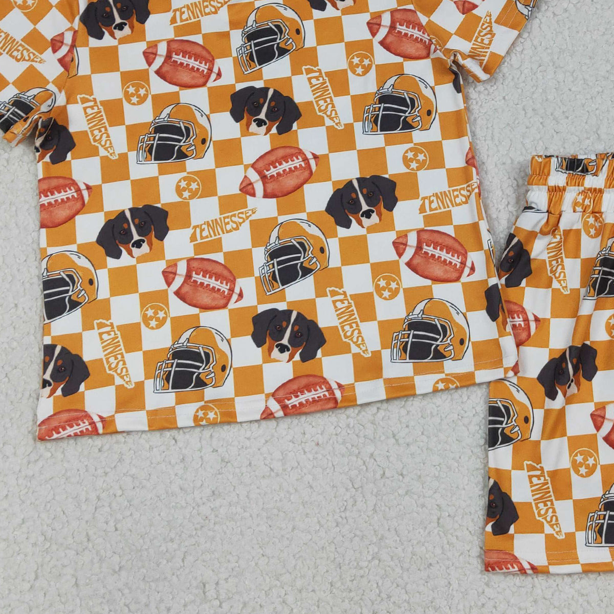 RTS NO MOQ GSSO3161 Baby Girls Orange Checked Football Top And Shorts Set Team Outfit