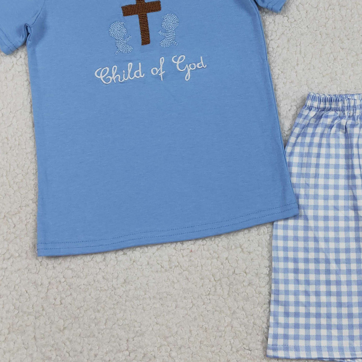 RTS NO MOQ BSSO1714 Embroidery Cross Child of God Baby Boys Outfit Set with Checked Shorts Top And Bottoms for Infants Boy's Clothing