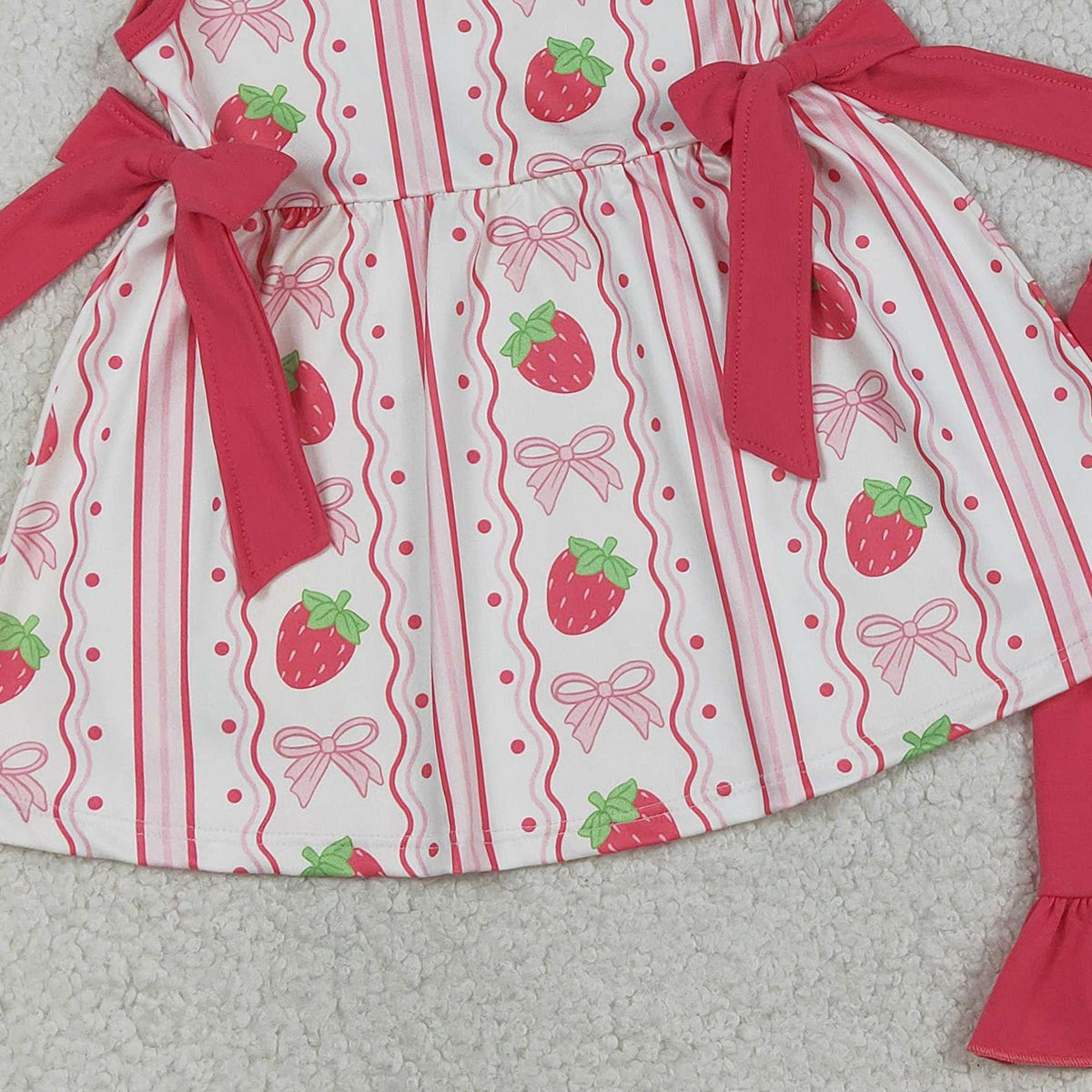 RTS NO MOQ GSSO3276 Baby Girls Strawberry Bows Tunic Ruffle Shorts Outfit Set Striped Print