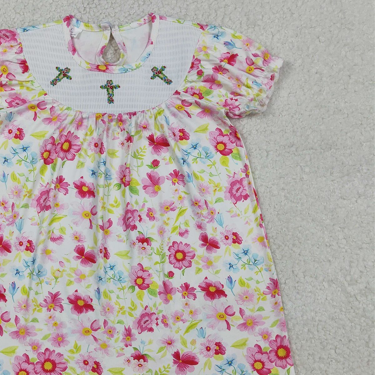 RTS NO MOQ Smocked Floral Crosses Baby Girls Easter Flowers Knee Length Dresses