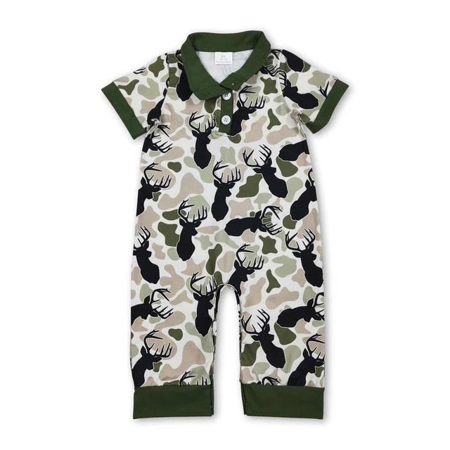 RTS NO MOQ Sibling Baby Boys Short Sleeve Southern Hunting Duck Dogs Deer Camo Button Rompers