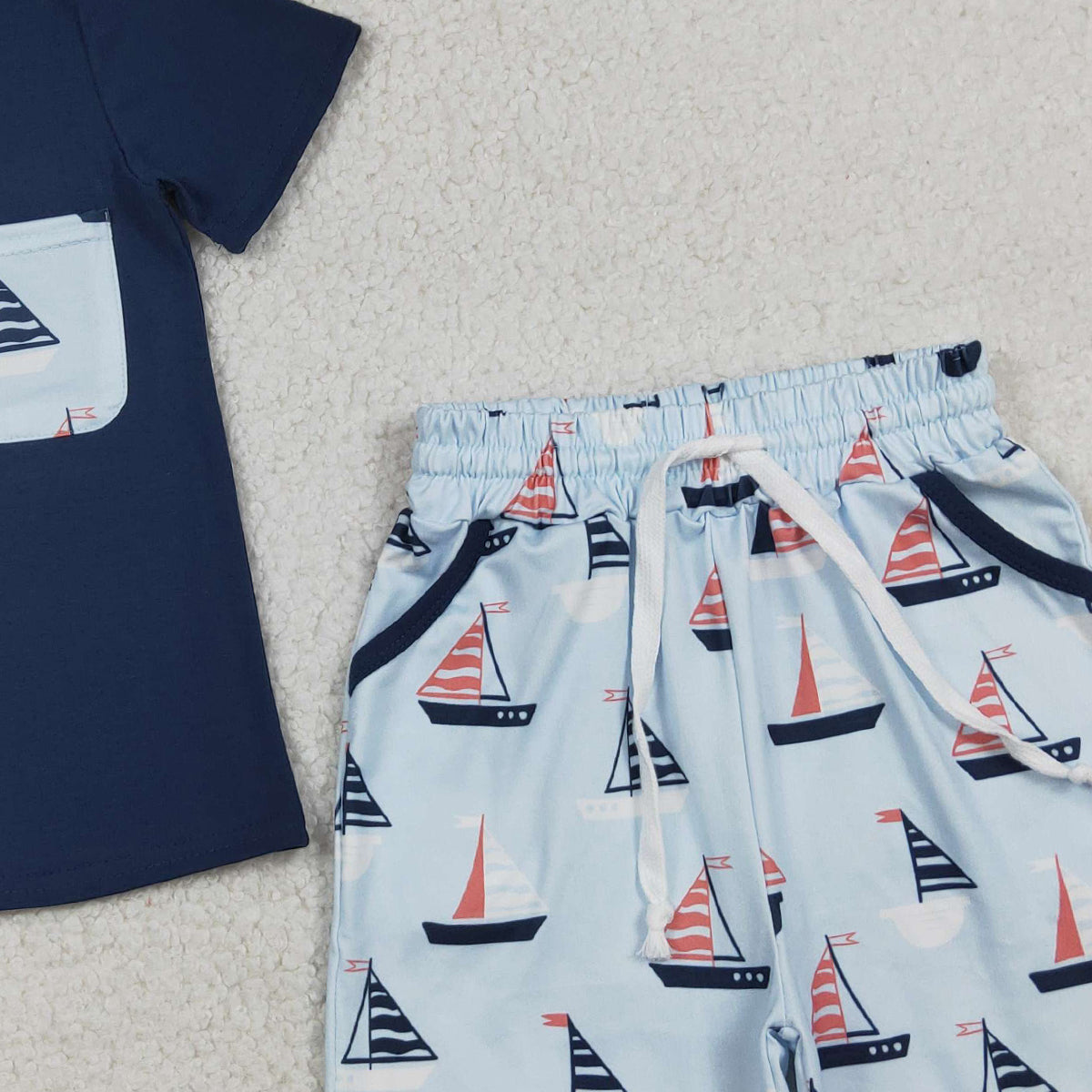 RTS NO MOQ BSSO1855 Baby Boys Navy Short Sleeve Shirt with Boats Pockets And Shorts Set Cute Outfit for Little Ones