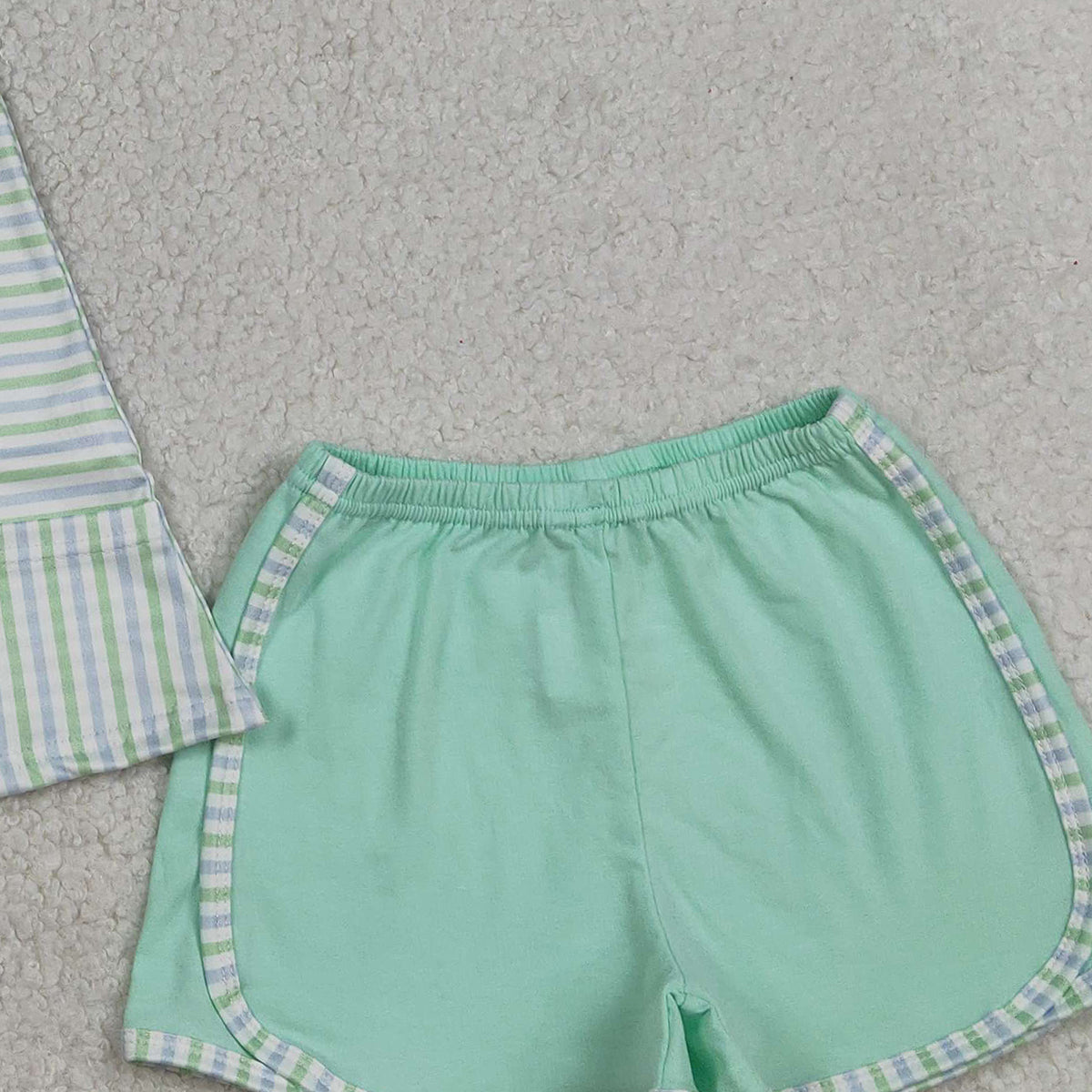 RTS NO MOQ GSSO3110 Baby Girls Green Stripe Tunic Shorts Set with Pockets Strap Clothes Outfit for Little Girls