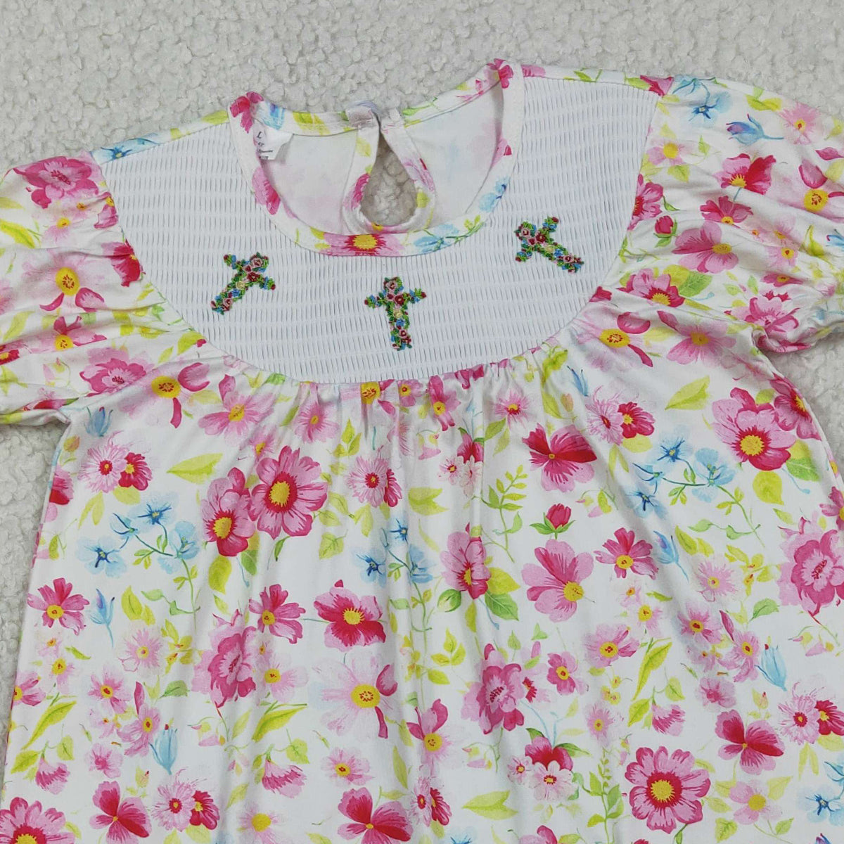 RTS NO MOQ GSD3314 Baby Girls Smocked Floral Crosses Knee Length Dresses Easter  Girls Dress