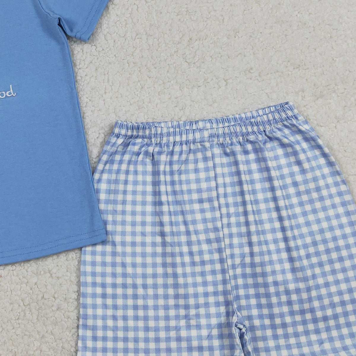RTS NO MOQ BSSO1714 Embroidery Cross Child of God Baby Boys Outfit Set with Checked Shorts Top And Bottoms for Infants Boy's Clothing