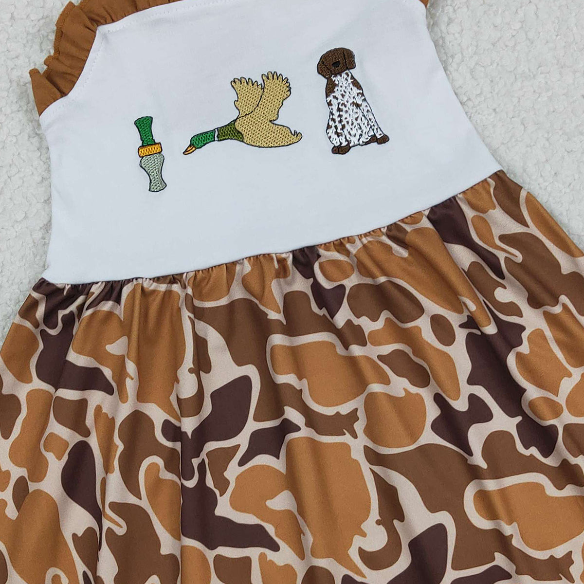 RTS NO MOQ GSD1518 Baby Girls Camo Knee-Length Dress with Strap Embroidery Duck Dogs