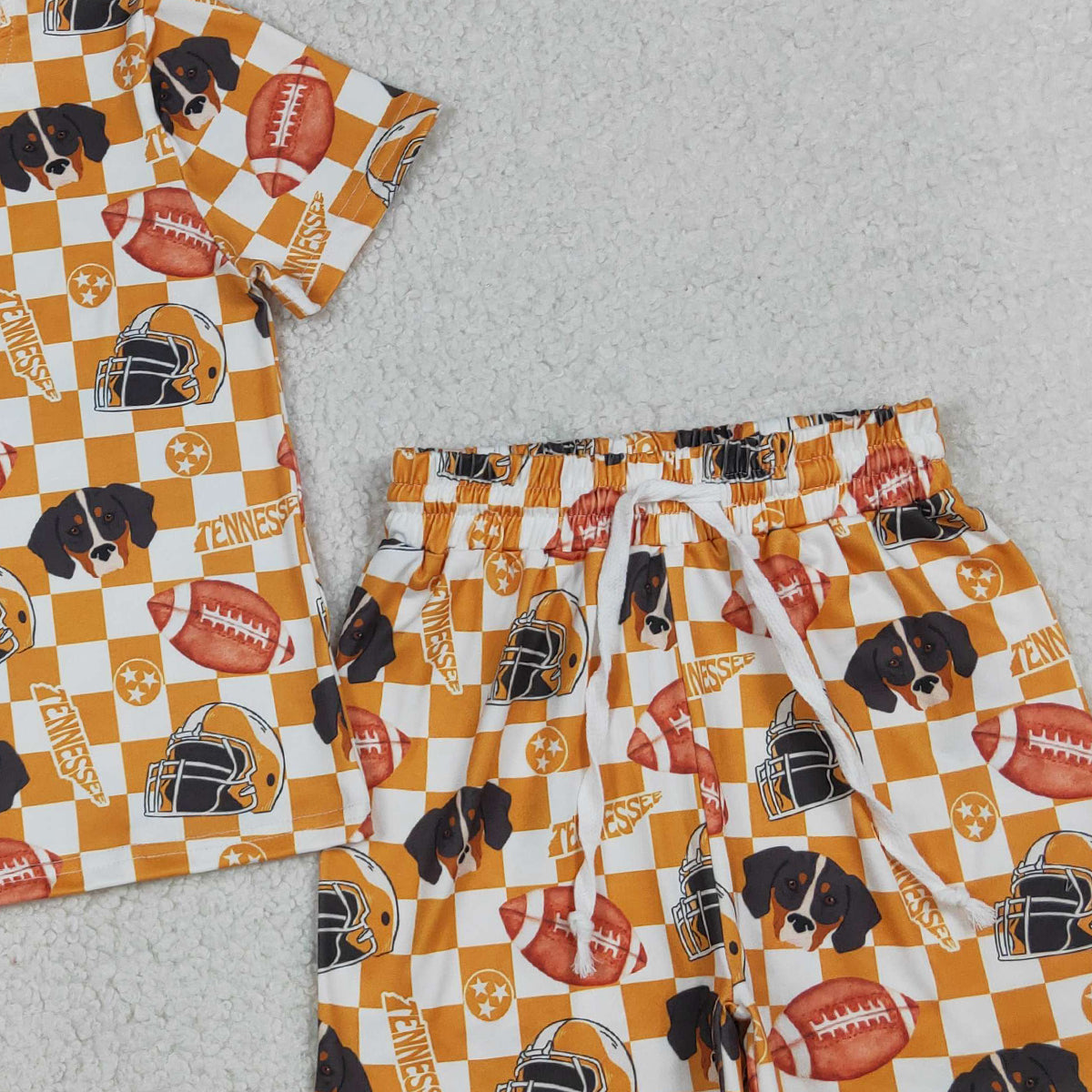 RTS NO MOQ GSSO3161 Baby Girls Orange Checked Football Top And Shorts Set Team Outfit